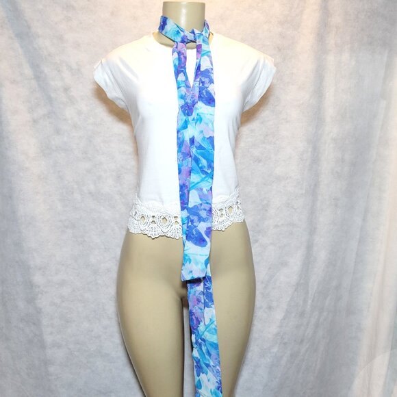 🧜♀️Watercolor Floral Tropical Teal Azure Silk Satin Tie Chiffon-Like Scarf - Picture 8 of 8